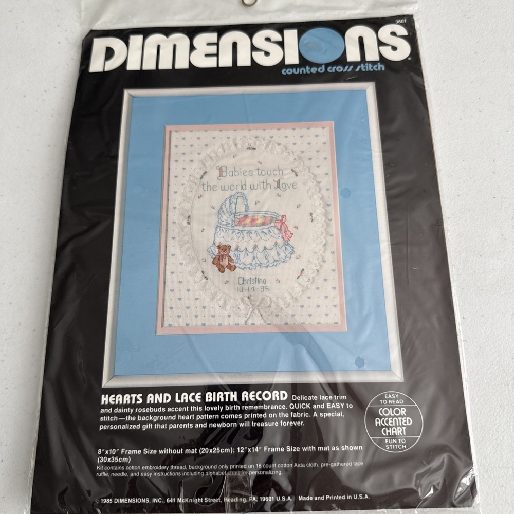 Dimensions Counted Cross Stitch Kit Hearts and Lace Birth Record 3601 Vtg New